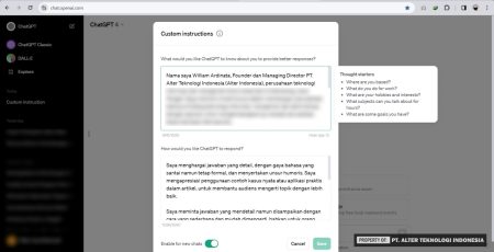 Tampilan 2 Kolom Input di Custom Instruction- What would you like ChatGPT to know about you to provide better responses? dan "How would you like ChatGPT to respond?"