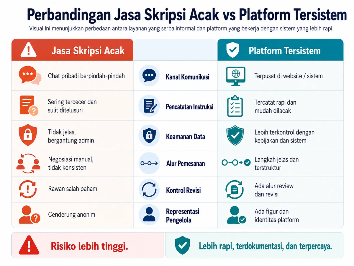 Tabel dua kolom dengan judul “Jasa Skripsi Acak” dan “Platform Tersistem”. Baris perbandingan mencakup kanal komunikasi, pencatatan instruksi, keamanan data, alur pemesanan, kontrol revisi, dan representasi figur pengelola.