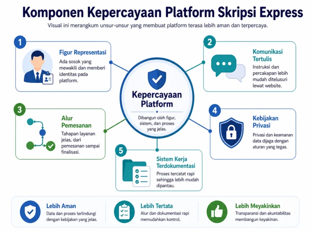 Diagram pusat dengan teks “Kepercayaan Platform”, dikelilingi lima komponen: figur representasi, komunikasi tertulis, alur pemesanan, kebijakan privasi, dan sistem kerja terdokumentasi. Setiap komponen diberi ikon sederhana dan penjelasan singkat 3–5 kata.