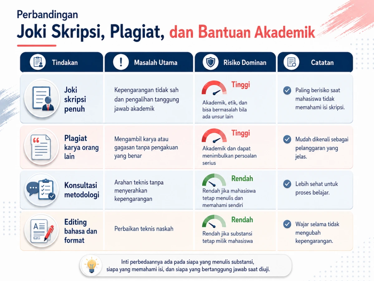 Tabel perbandingan Joki Skripsi Ilegal yang menunjukkan perbedaan risiko antara joki skripsi penuh, plagiat, konsultasi metodologi, dan editing bahasa. Visual ini membantu pembaca memahami batas bantuan akademik yang lebih aman.