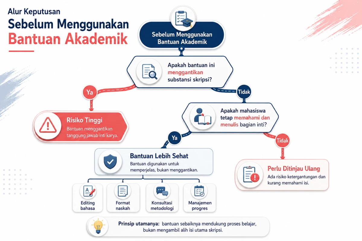 Flowchart Joki Skripsi Ilegal yang membantu pembaca menilai batas bantuan akademik sebelum menyerahkan skripsi kepada pihak lain. Visual ini menunjukkan perbedaan antara bantuan yang memperjelas dan bantuan yang menggantikan tanggung jawab akademik.